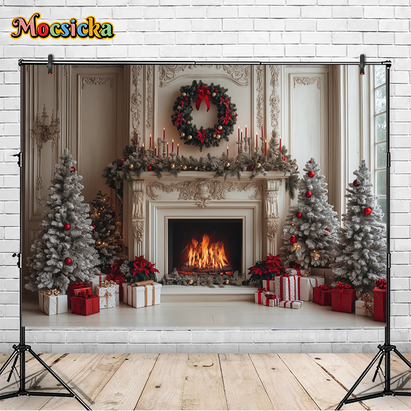 Mocsicka Winter Christmas Photography Background Gorgeous Mantel Decoration Party Family Portrait Photo Backdrops Studio: SKY BLUE / 272*1100
