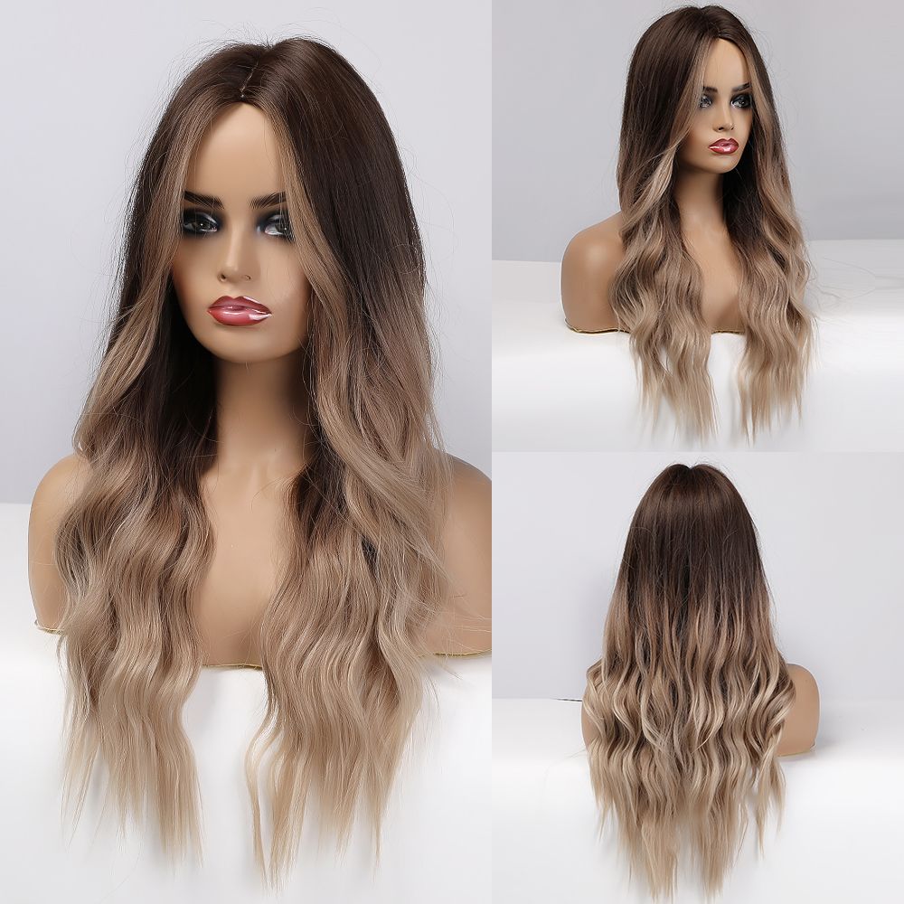 Haircube lang bølget syntetisk parykk lys blond parykker til kvinder med pandehår naturlig hårgrænse varmebestandig fiber paryk daglig fest paryk: Blå