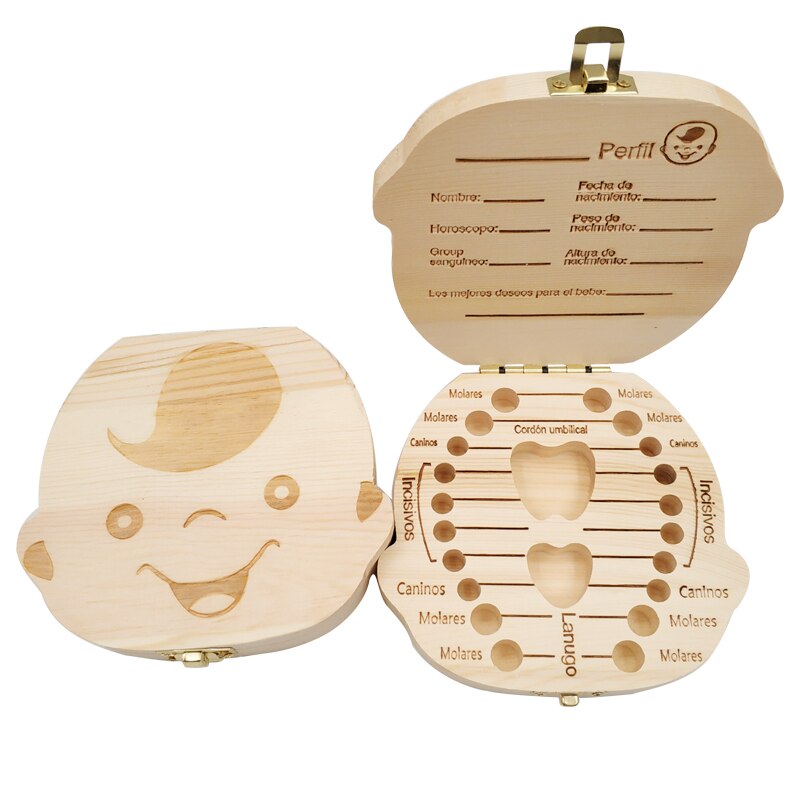 Scatola di Immagazzinaggio di legno per I Bambini Del bambino Dente scatola Organizzatore Scatola di Immagazzinaggio per Il bambino Denti da Latte Raccogliere Organizador Spagnolo e Inglese caso: BoySpanish