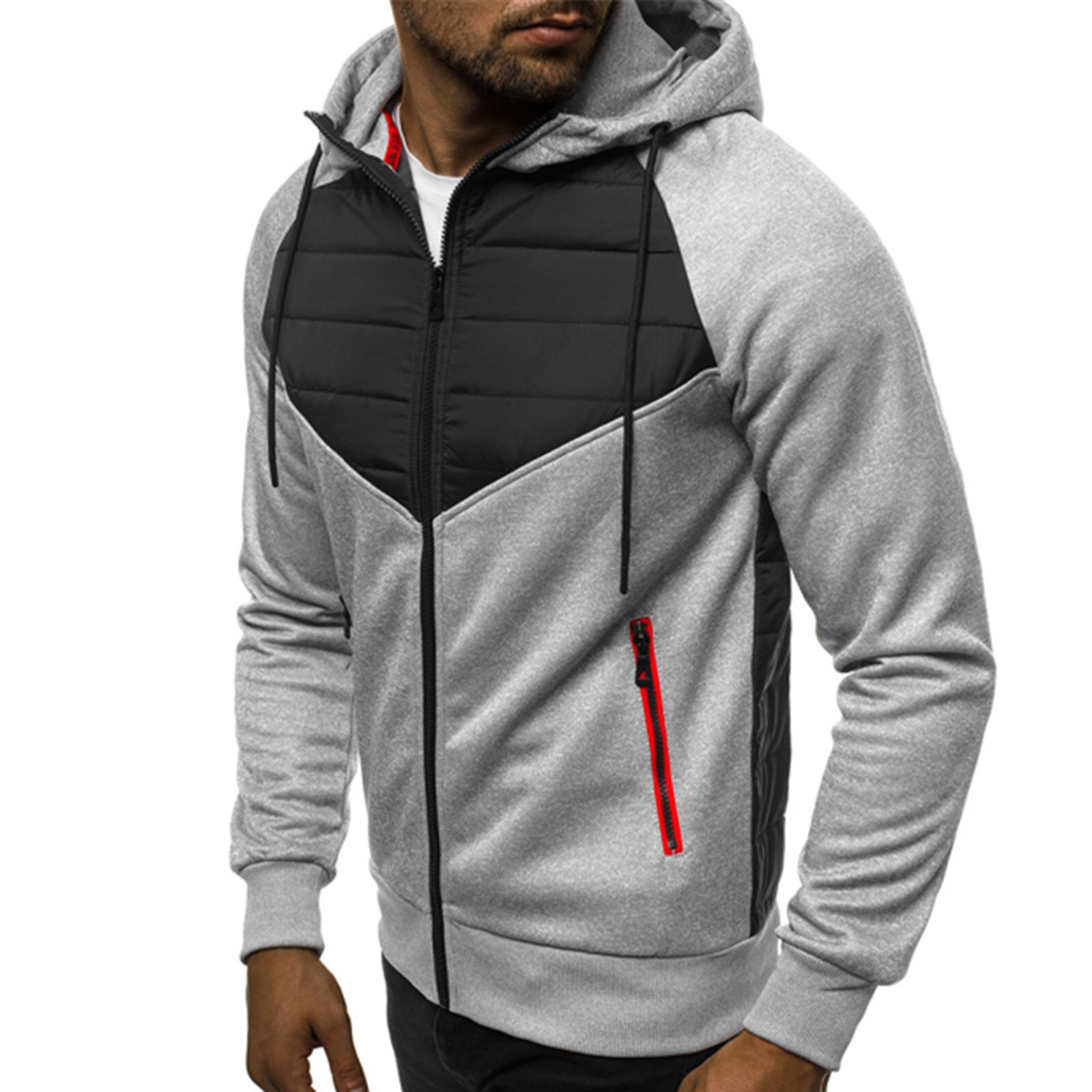 Men Autumn Hoodie, Splicing Hooded Long Sleeve Zip-Up Sport Jacket with Pockets for Boys, 3 Colors