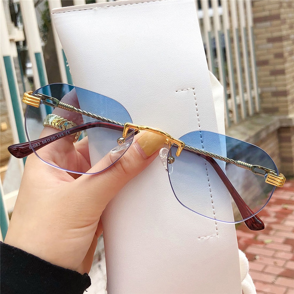 Peekaboo brown frameless gold metal ladies sunglasses rimless gradient lens blue sun glasses for men uv400 summer