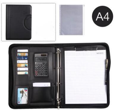 Business Zipper Portfolio, PU Leather Padfolio Folder with Handle .: black has calculator