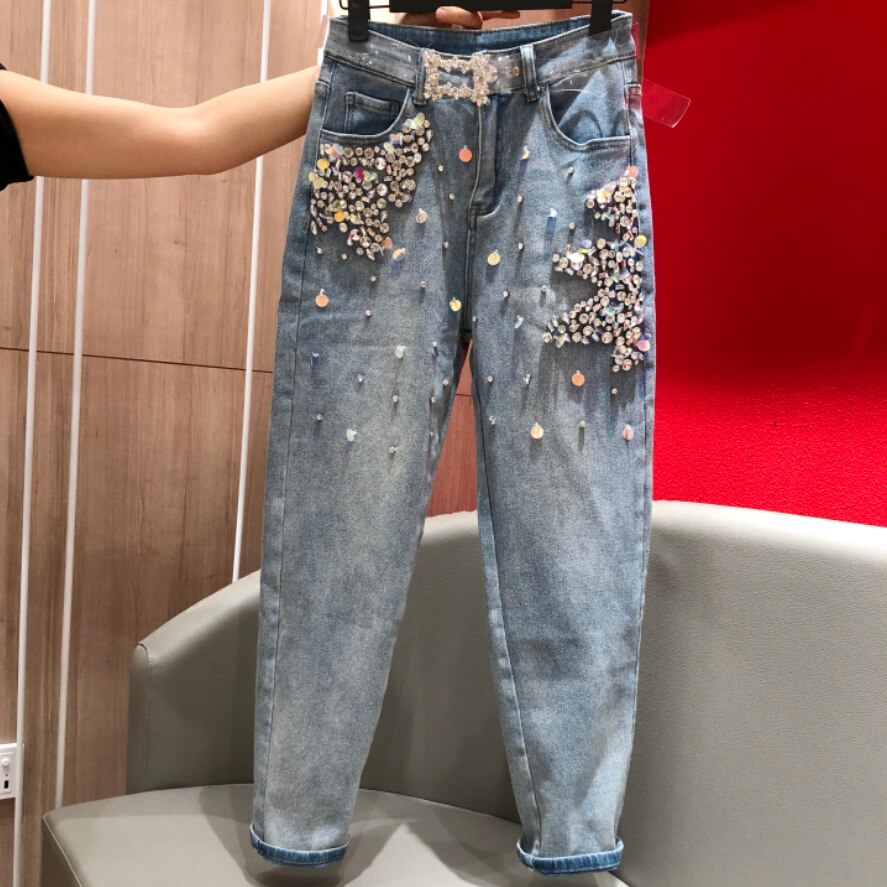 printemps automne perles jean femmes travail lourd diamant paillettes en vrac croix jean