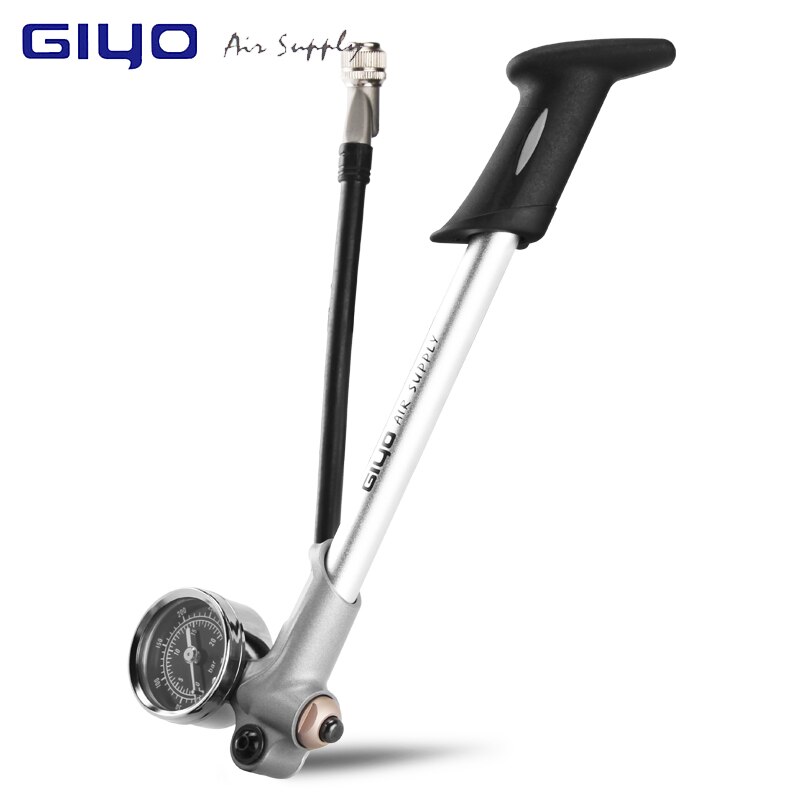 Giyo foldbar 300 psi lufttilførsel inflator cykel luftstødpumpe med håndtag og måler til gaffel & baghjulsophæng mountainbike: Sølv-giyo