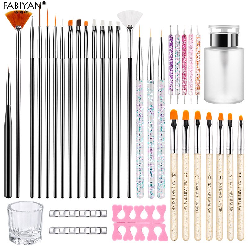 Ensemble de pinceaux pour Nail Art, Gel UV, peinture, sculpture, strass, points, séparateur d&#39;orteils, brosse à poussière, ciseaux, Kit de manucure: 8 Types