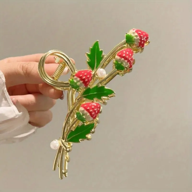 Pinces à cheveux en forme de fraise, jolie pince à cheveux en métal, forte tenue antidérapante, pinces à mâchoire en acétate rose, accessoires pour cheveux: Rouge