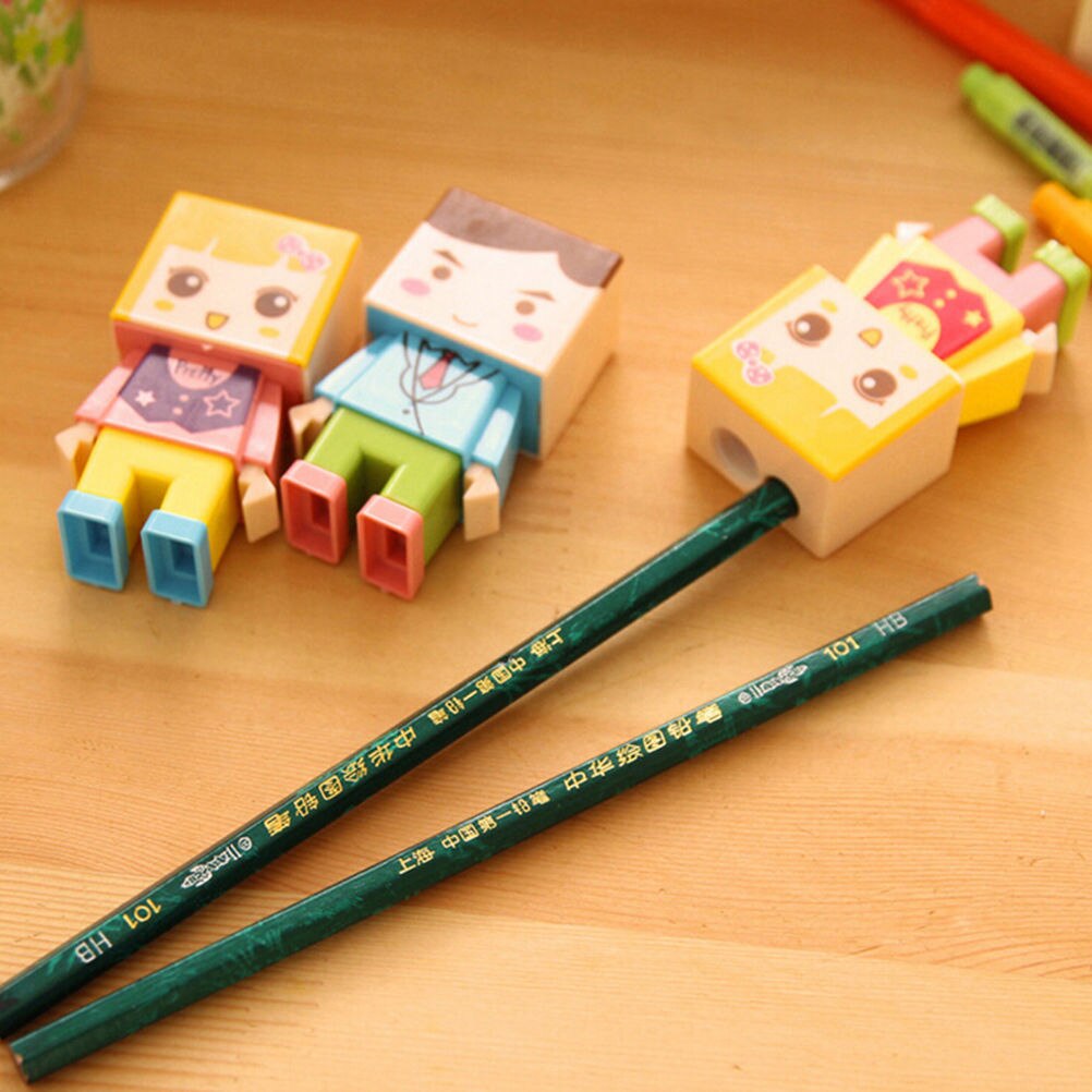 Funny Pupil Cartoon Diy Assembly Child Villain Double Hole Kid Pencil Sharpener With The Eraser Color Random Pencil Knife