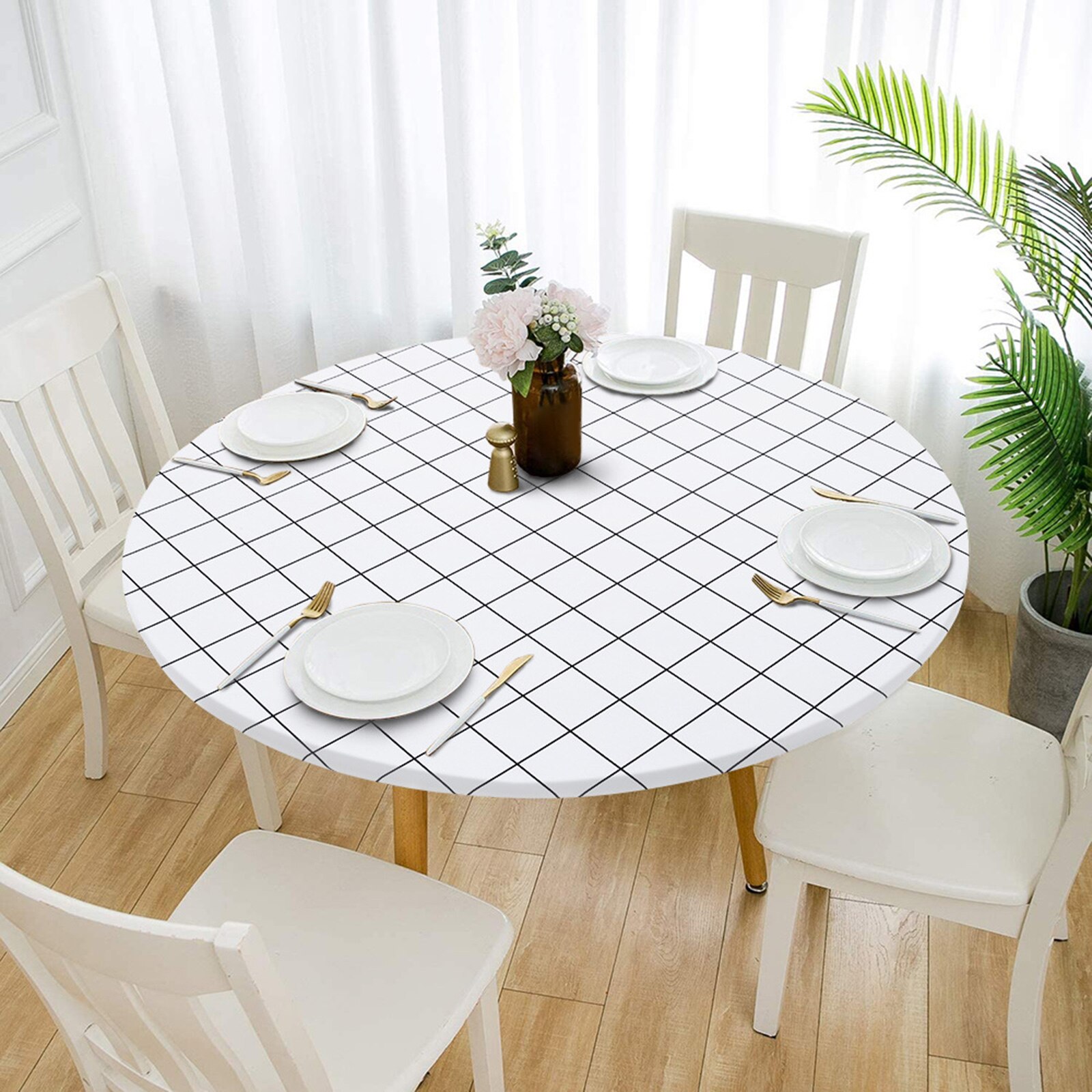 Fitted Polyester Table Cloth Elastic Edged Decoration Water Resistance Dinner Table Cover Dust Proof Protector Wipe Clean: White 80cm