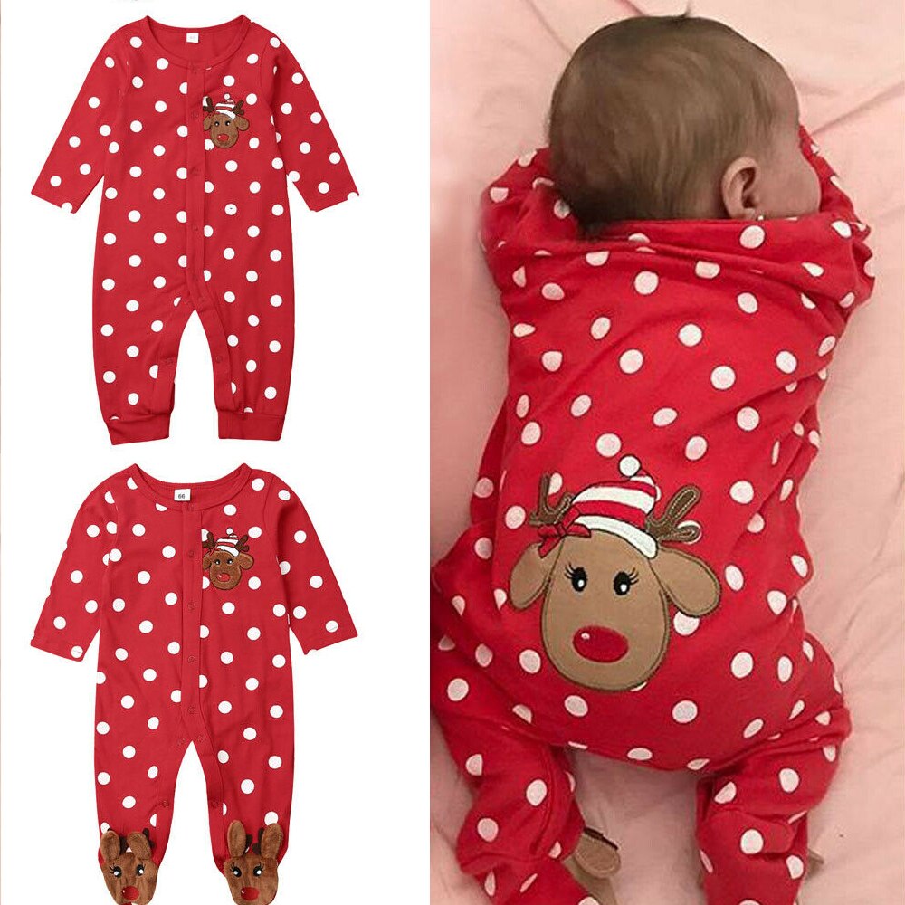 Christmas Infant Baby Boys Girls Romper Kids Baby Cotton Clothes Polka Dot Xmas Deer Jumpsuits Long Sleeve Romper 0-18M