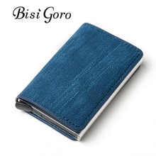 Bisi Goro Business Credit Card Holder Unisex Metal RFID Vintage Single Box Crazy Horse PU Leather Card Wallet