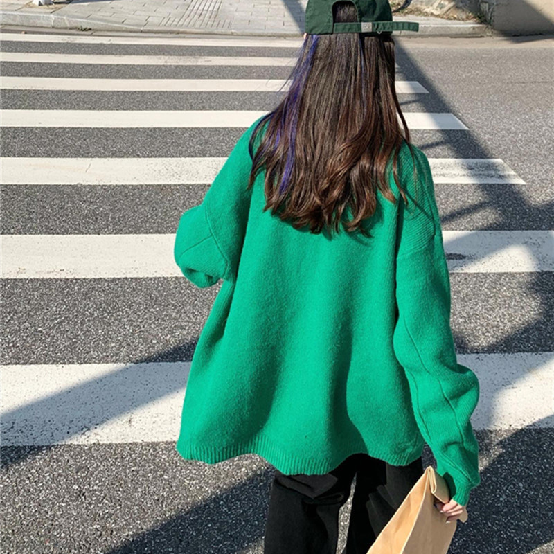 Cardigã de comprimento médio para mulheres, suéter verde com decote em v solto, cardigã de malha feminino de manga comprida, casaco midi, outono e inverno, 2023