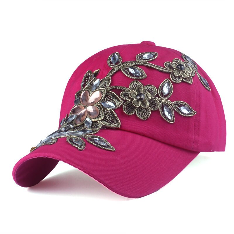 Mærke baseball kasket blomster bling diamant kanvas snapback kasketter til kvinder kvindelig solhat rhinestone denim kasket hatte: Rosenrød