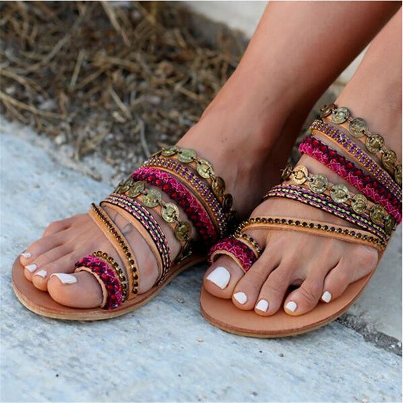 Zomer Vrouwen Slippers Rome Retro Sandalen Platte Casual Schoenen Boho Sandalen Gemengde Kleur Smalle Band Romeinse Slippers