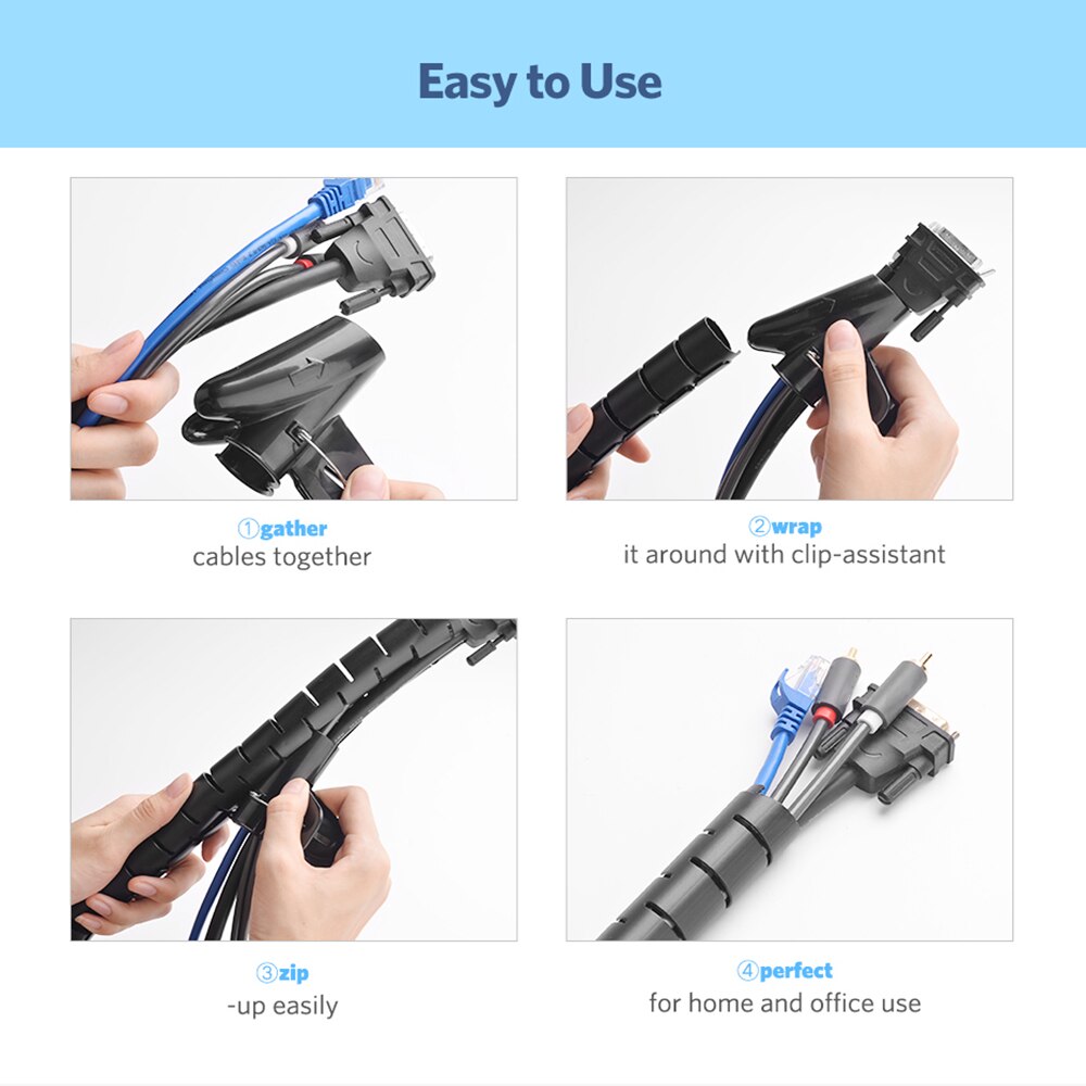 Black White Grey Cable Organizer 2m 3m 5m Flexible Management Cable Winder Wire Wrap For Desktop Home Office Reusable