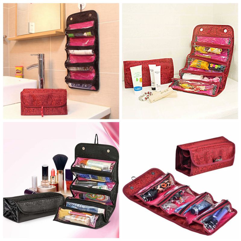 Travel Roll-up Cosmetic Makeup Case Foldable Organizer Pouch Hanging Toiletry Wash Bag Storage Bags 4 zipper compartment