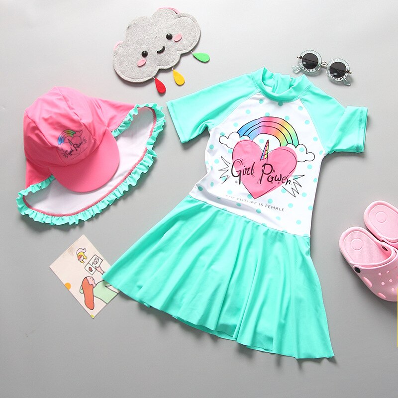 Babymeisjesbadpak  uv50 rokjes een stuk kindermeisjesbadpak voor 2-11 jaar kinderzwempak regenboog zwemjurk strandkleding: 90