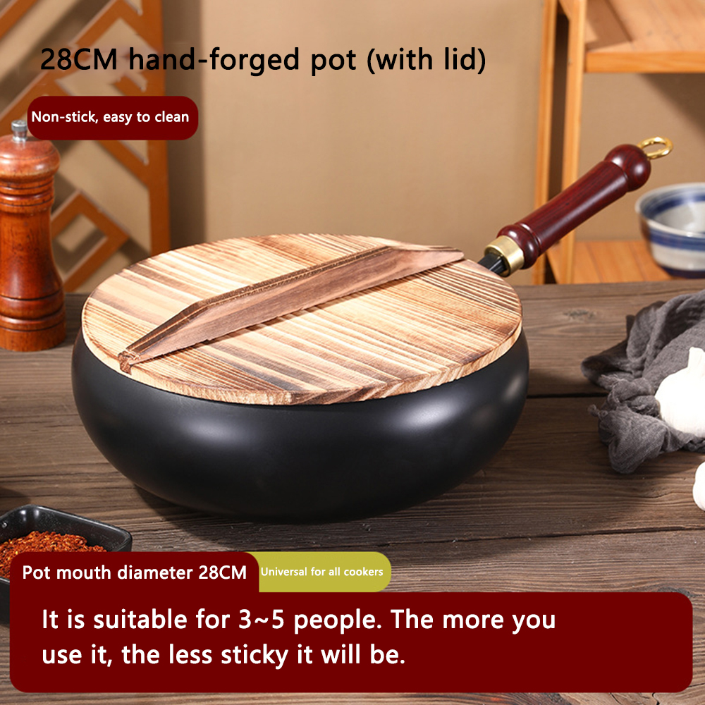 24cm/28cm Uncoated Pot Non - stick Wok Hand-made Iron Pot with Wooden Lid Cooking Pan for Induction Electric Gas All Stoves: Red