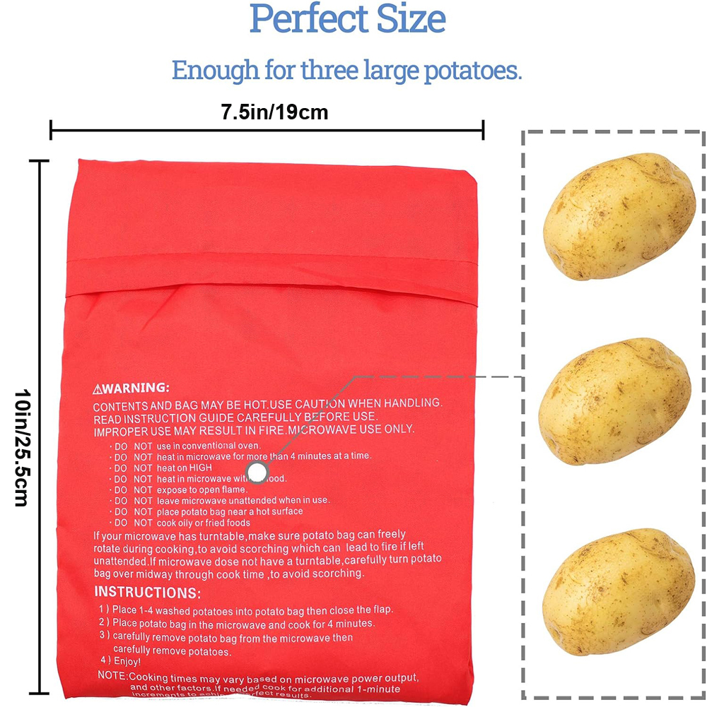 Bolsa de patatas para microondas, bolsa reutilizable para cocinar patatas en microondas exprés, cocina de patatas al horno, patatas perfectas, bolsa roja para hornear de 4 minutos