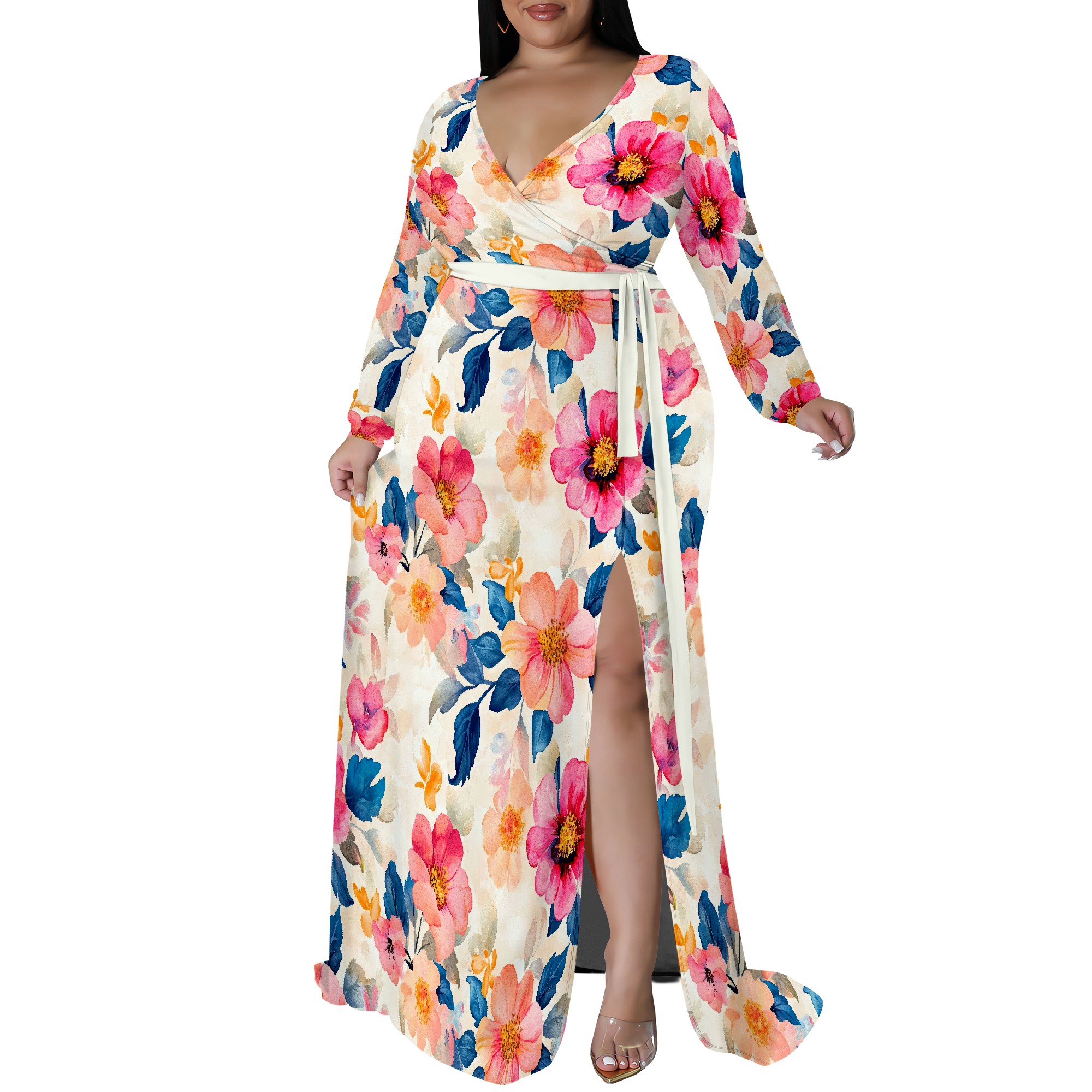 Vestido floral colorido de manga comprida plus size para mulheres, vestido maxi elegante com fenda lateral: 1XL