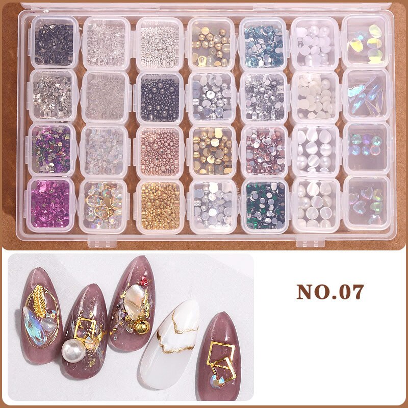 Ensemble d'accessoires pour ongles à 28 grilles, poire/métal/coque/résine/cristal strass pour manucure/bricolage, Kit de décorations pour Nail Art # DXM12: 28 grids jewelry-07