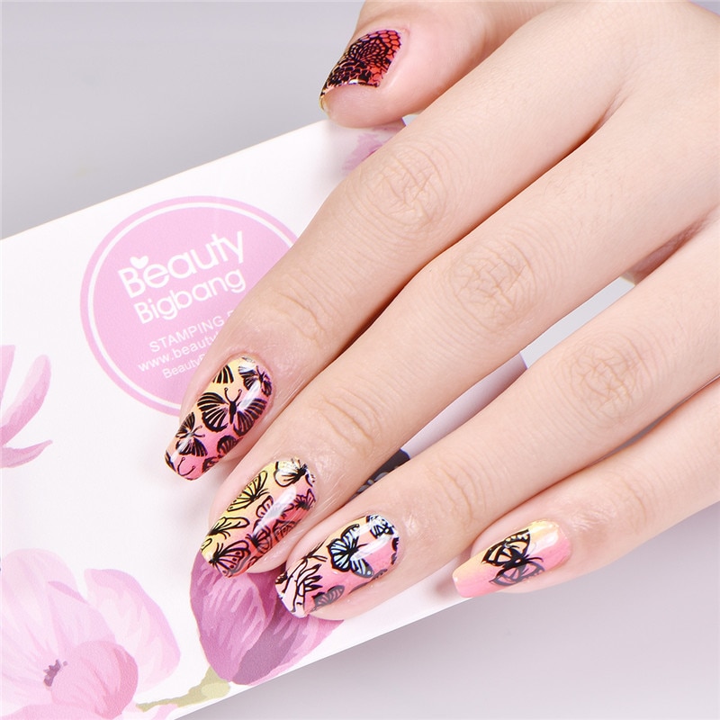 BeautyBigBang Stamping Plates for nails Flower butterfly Theme Nail stamping Plates Template Rectangle Nail Art Stencils XL-068