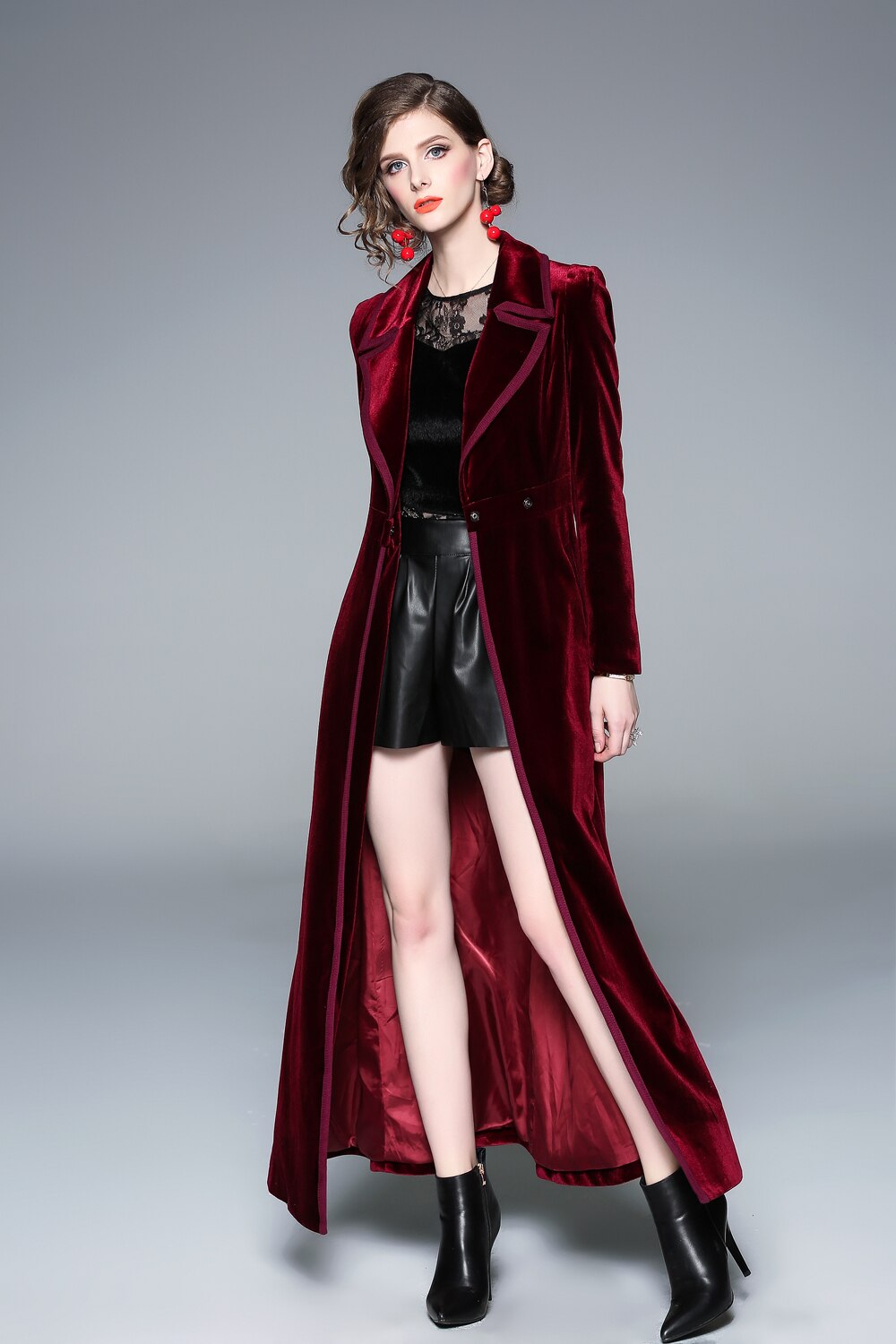 Abrigo largo de terciopelo con cuello de solapa para mujer, abrigo rojo , temperamento Noble, prendas de vestir, novedad, invierno,