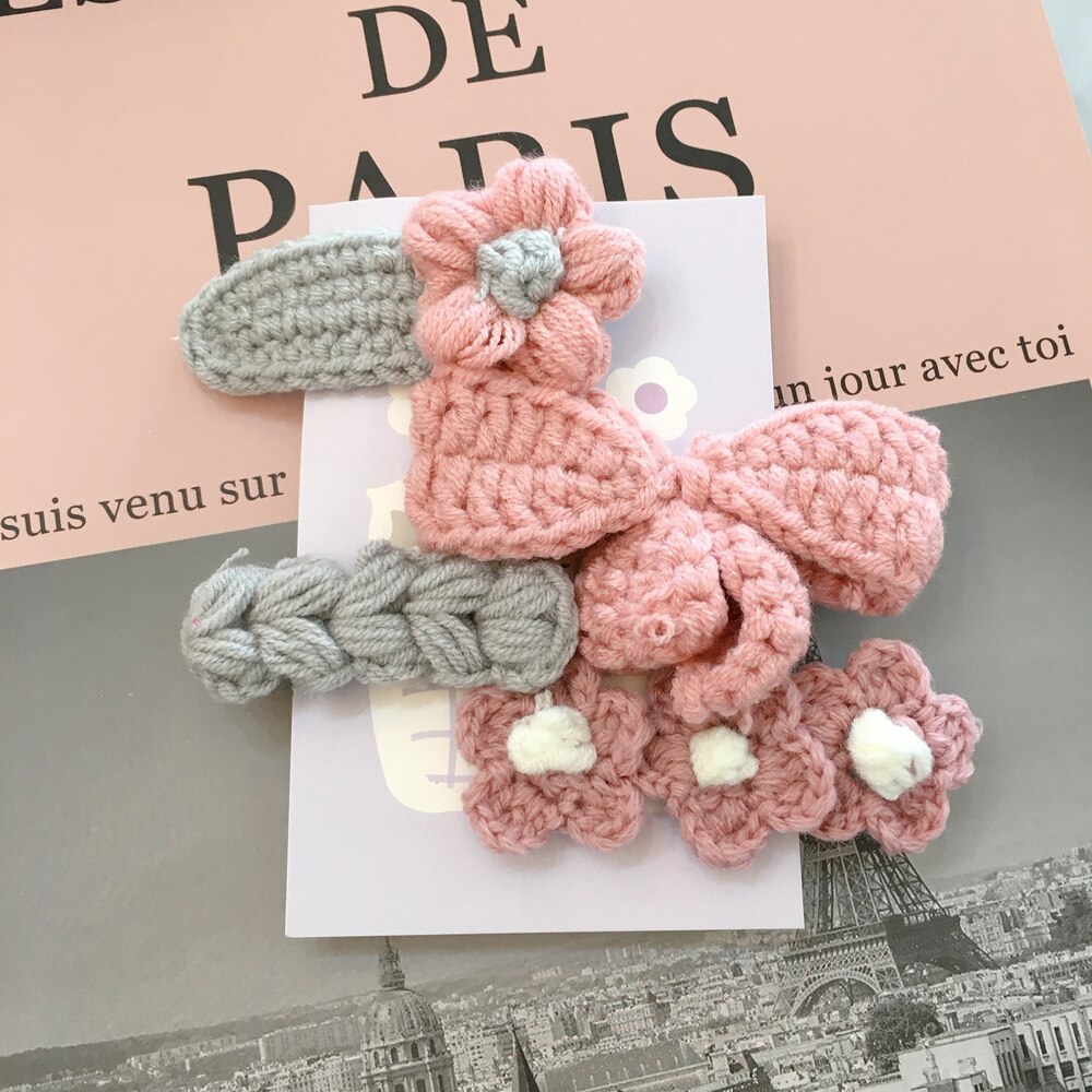 Otoño Invierno 4 unids/set Adorable de lana de punto Bowknot flor pelo Clip horquilla para las mujeres Accesorios: 4
