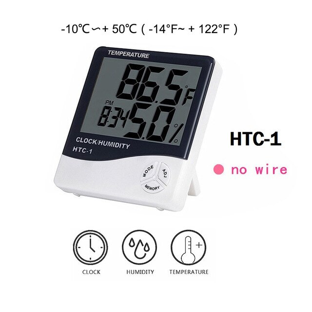 LCD Electronic Digital Temperature Humidity Meter Indoor Outdoor Thermometer Hygrometer Weather Station Clock: HTC1