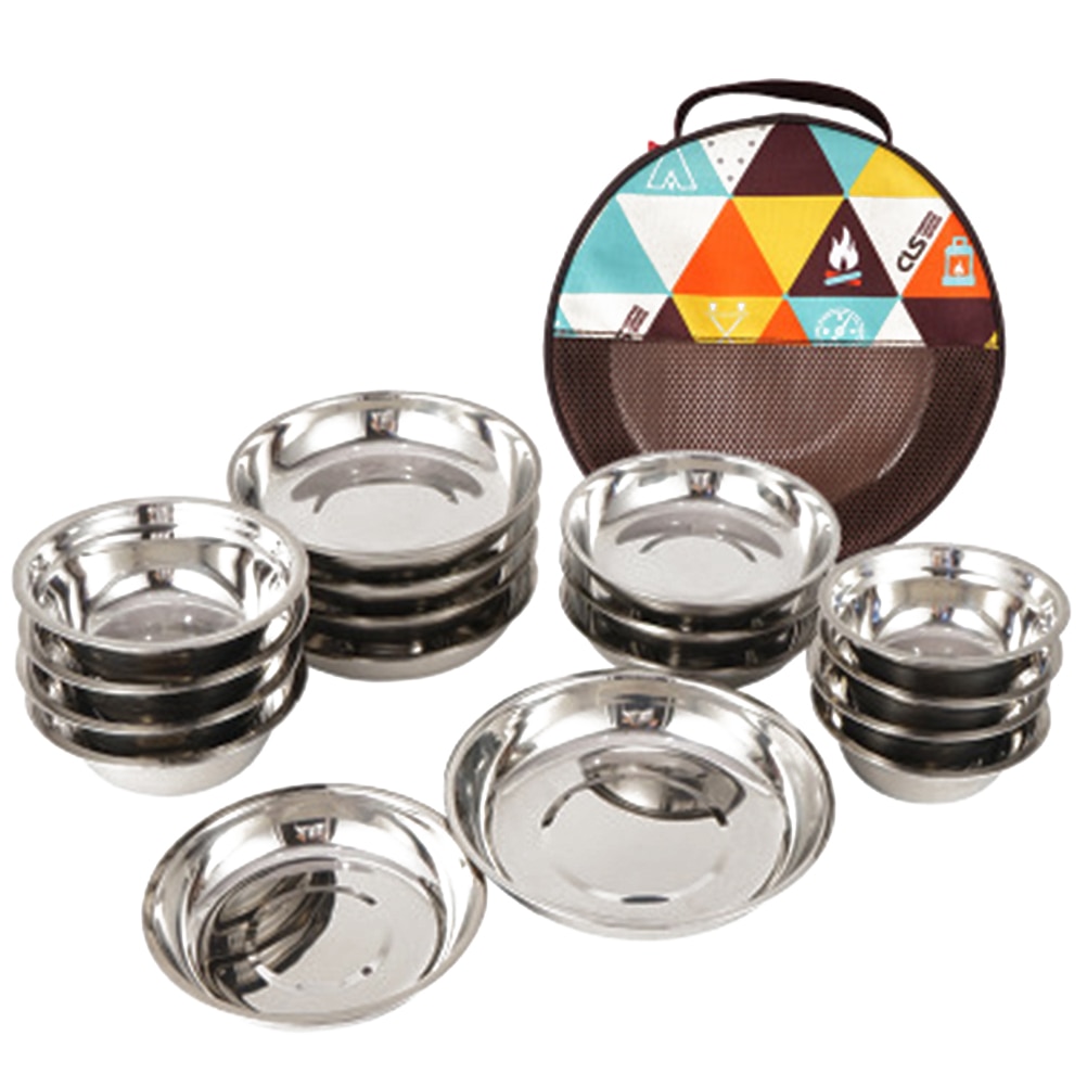 1 Set of 17Pcs Camping Mess Kit Outdoor Tableware Stainless Steel Plate Bowl with Storage Bag for Camping