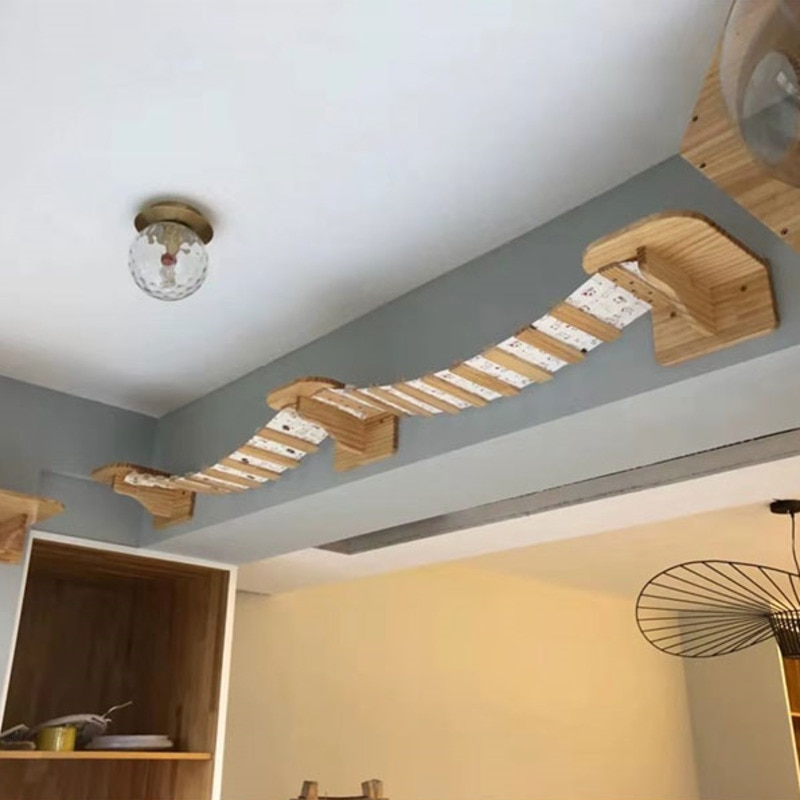 Kattenbrug, houten hangend platform, aan de muur gemonteerd huisdiermeubel, kattenboom, sisal krabpaal, kattennest, klimrek voor huisdieren