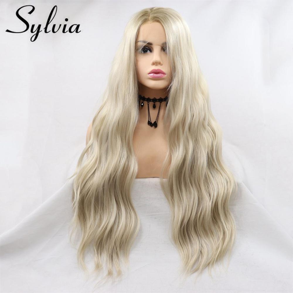 Sylvia Synthetische Lace Front Blonde Pruik Hittebestendige Hair Ombre Losse Golf Pruik Bruin Wortel Zijscheiding Lange Daily Pruik voor Vrouwen