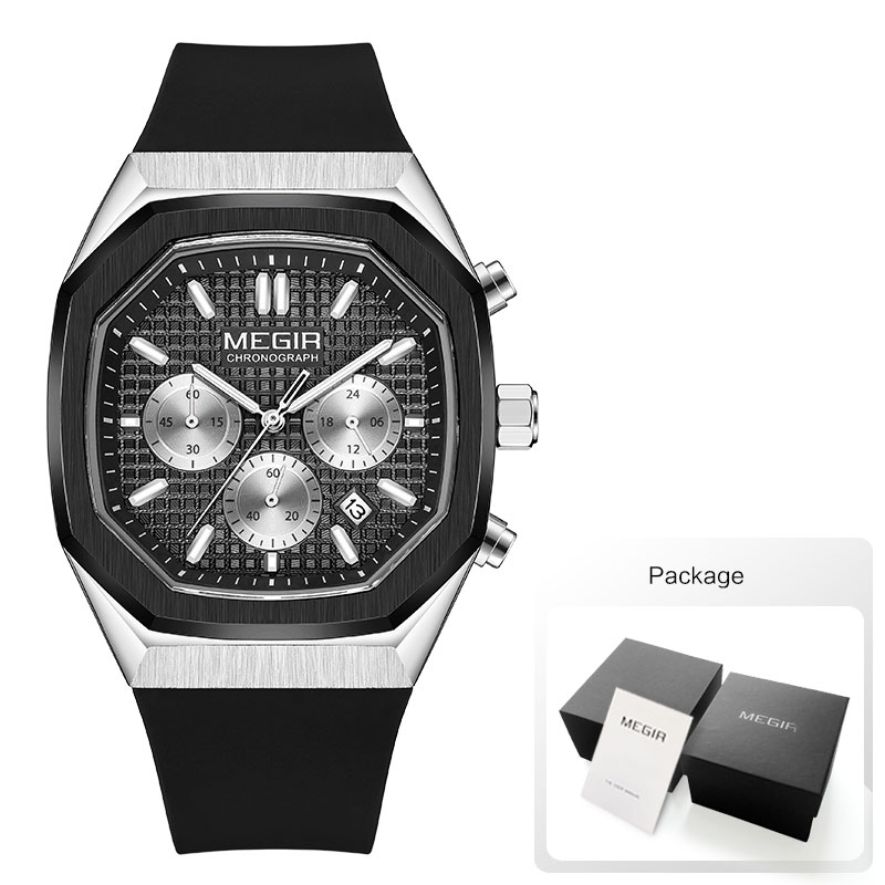 Megir heren waterdicht horloge met achthoekige wijzerplaat, chronograaf, quartz polshorloge met olijfgroene siliconen band, datumweergave en lichtgevende wijzers 2215: Geel