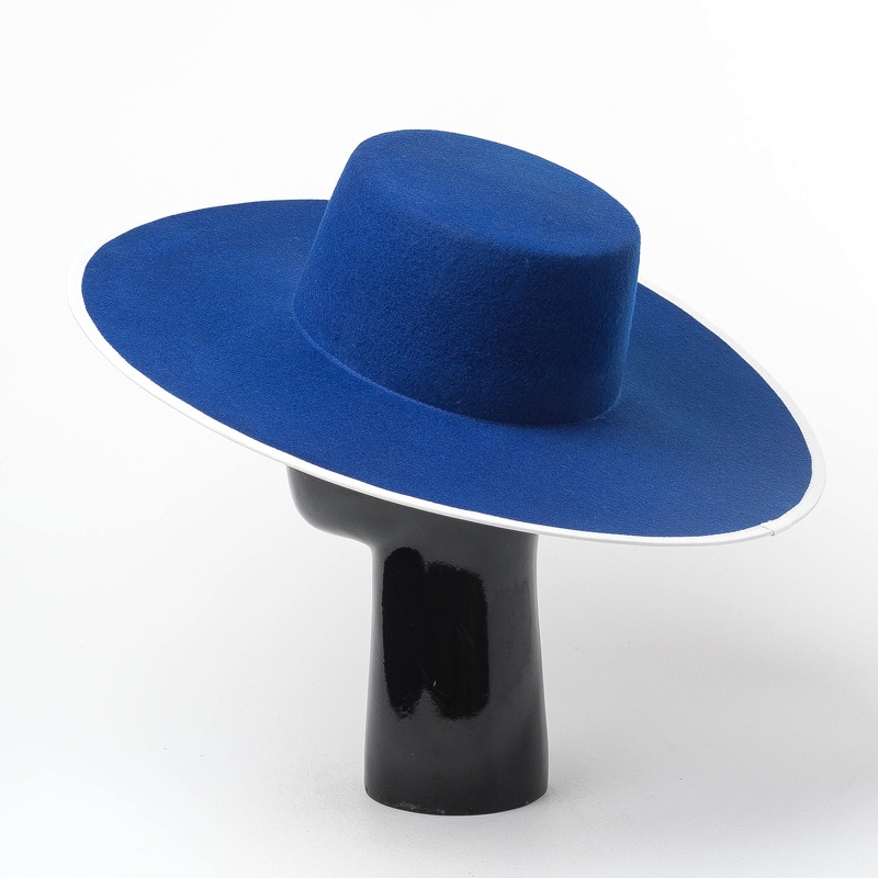 Blue Real Wool Flat Fedora Hat Men Wome Solid color Big Wide Brim Felt Hat Derby Party Church Hat Adjustable Panama Jazz Hat