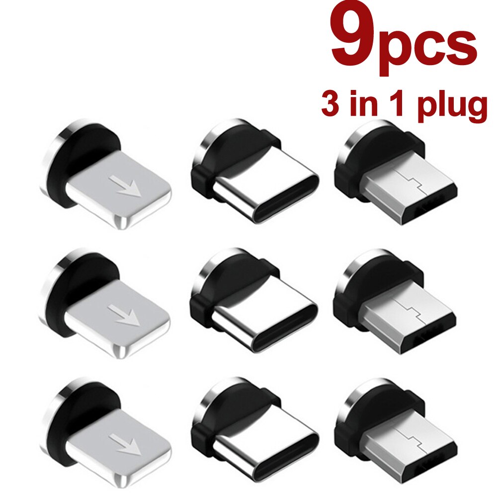 TKEY 9 Pcs 360 Rotation Magnetic Plug For Mobile Phone Replacement Parts 3 IN 1 Tips Durable Converter Charging Cable Adapter: 3 in 1 9PCS