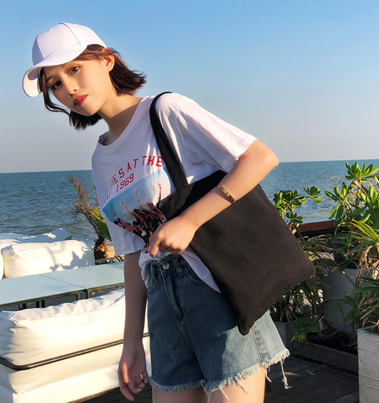 black Solid color summer ladies casual shoulder bag large capacity canvas Harajuku bag handbags vintage pochette leather