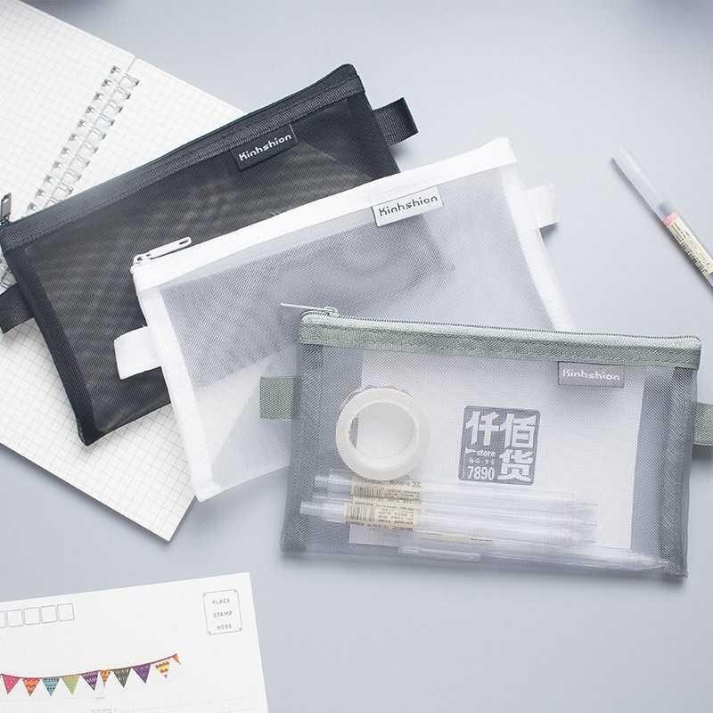 1pcs Simple Transparent Mesh Pencil Case School Supplies Colour Pen Box Office Student Pencil Cases Nylon