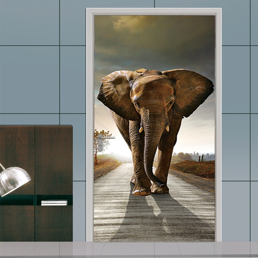 Afrika elefant levende dør klistermærke dyr stue soveværelse dekoration mærkat 3d diy trædør vægmaleri selvklæbende plakat