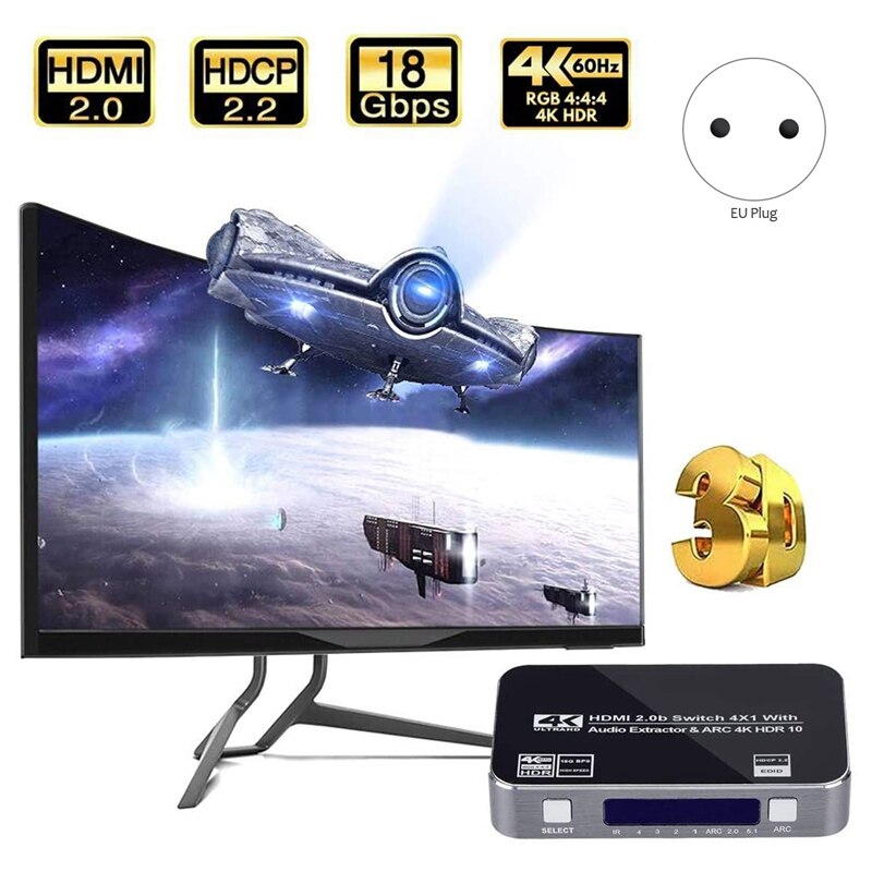 4K HDMI Switch UHD 4 Input 1 Output 4X1 HDMI Switcher o Extractor with ARC IR Control for Apple TV PS4 EU Plug