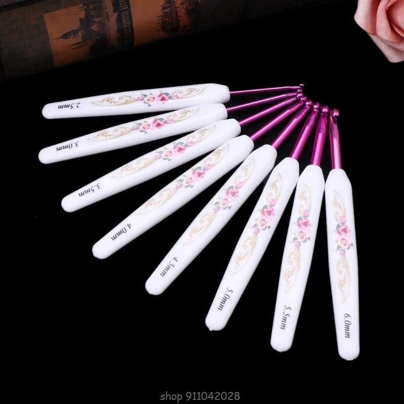8pcs Plastic Handle Floral Aluminium Crochet Hooks Knitting Needle Set Weaving D16 20