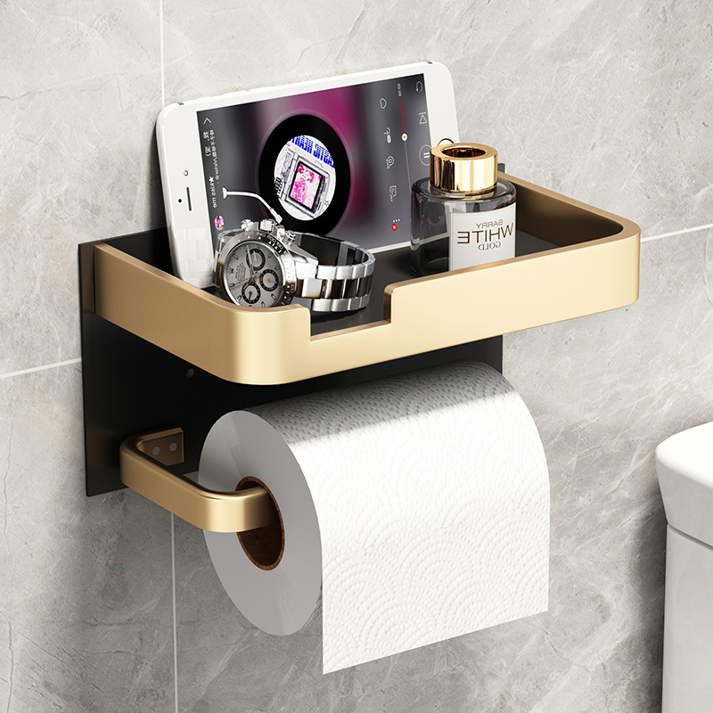 Soporte de papel higiénico grande, portarrollos de papel montado en la pared con bandeja de almacenamiento, soporte para teléfono móvil, accesorios de baño