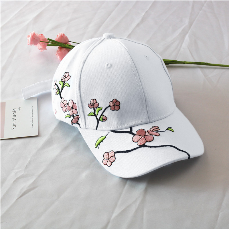 Flower Embroidery Women Baseball Caps Spring Summer Long Brim Sun Hats Female Snapback Hip Hop Cap Hat: white