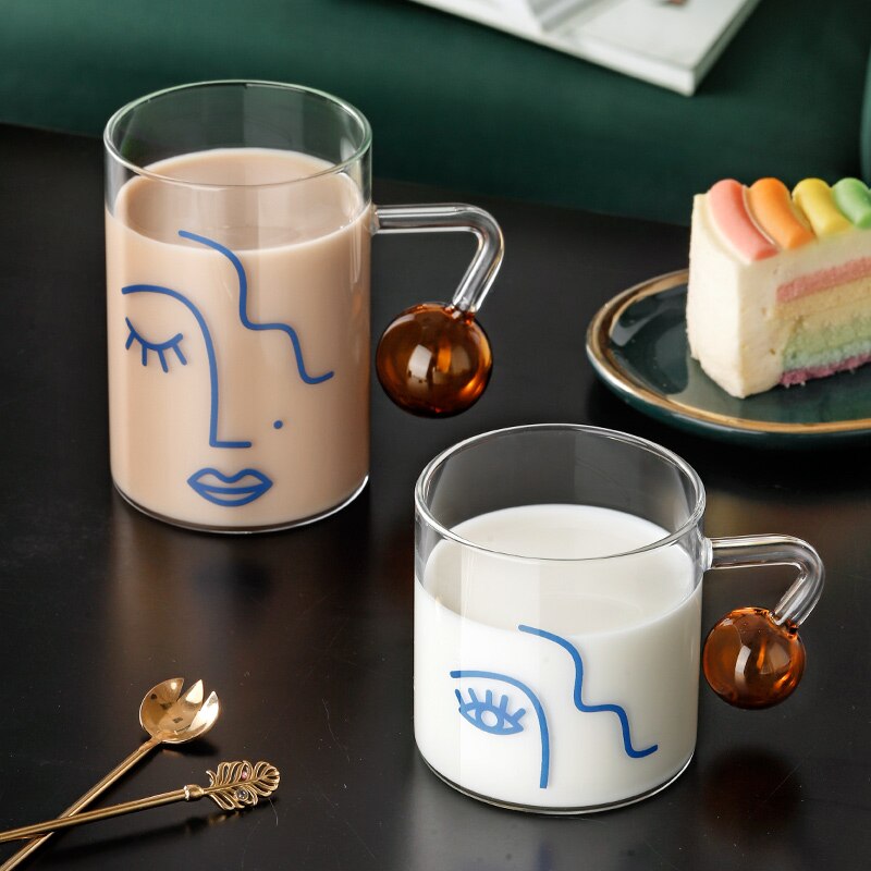 460ml Scale Glass Mug Breakfast Mlik Coffe Cup Household Couple Water Cup Ball Handle Pattern Drinkware Cups
