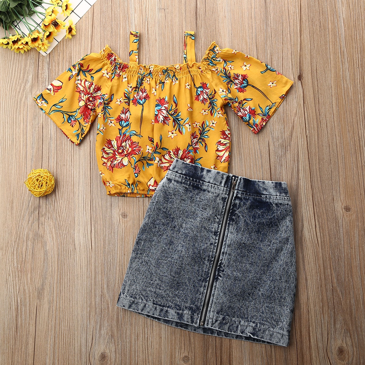 Pudcoco Del Bambino Del Bambino Vestiti Della Ragazza Della Stampa Del Fiore Off Spalla Strap Crop Magliette e camicette Della Chiusura Lampo Del Denim Mini Gonna 2Pcs Abiti di Cotone vestiti