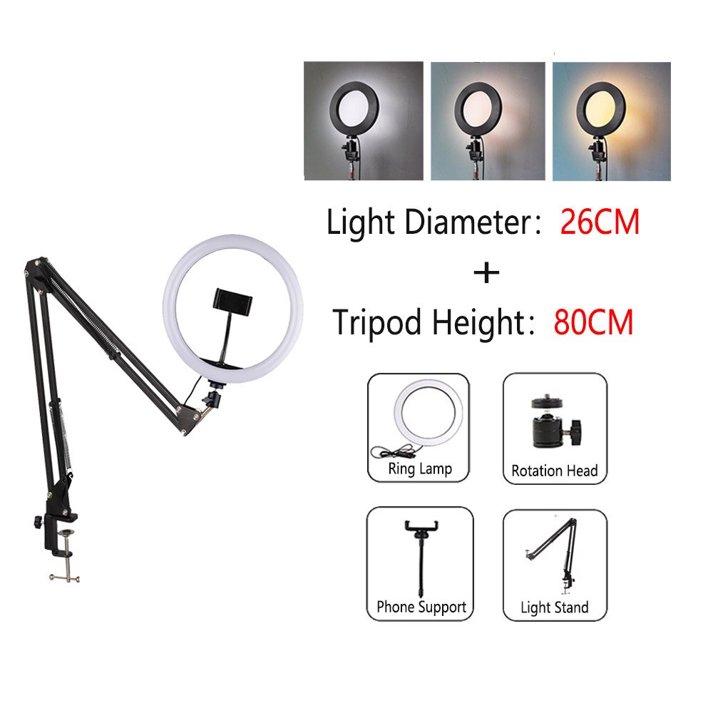 Dimmable LED Ring Light with Tripod USB Ring Lamp Photography Selfie Light Ring Tripod with Lamp Ringlight Ring Light Tripod wit: RLamp002-26CM-T80