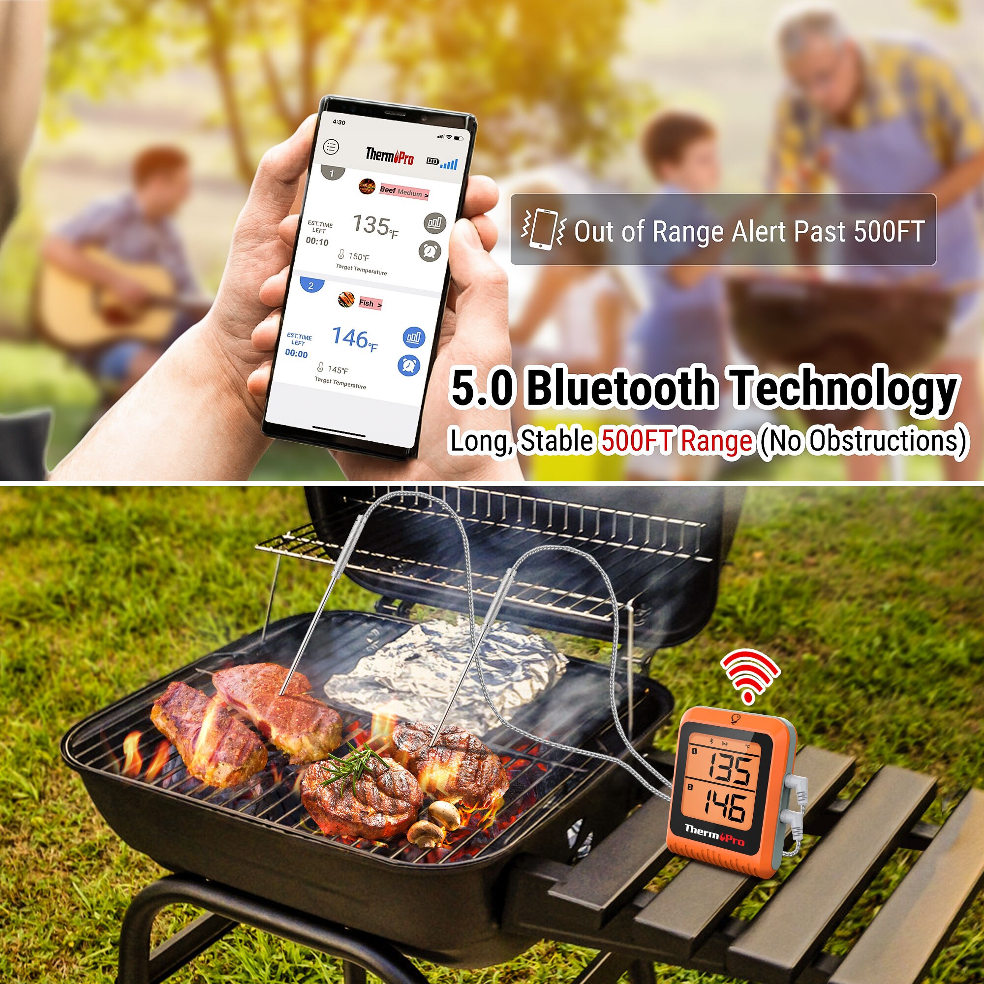 ThermoPro-termómetro Digital TP920 recargable, 150M, inalámbrico, compatible con Bluetooth, retroiluminación, para cocina, barbacoa, horno, carne