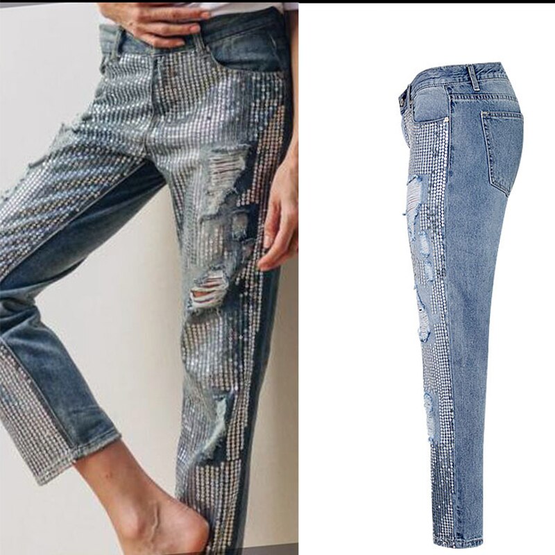 Jean pailleté femme trou déchiré détruire jean pantalon