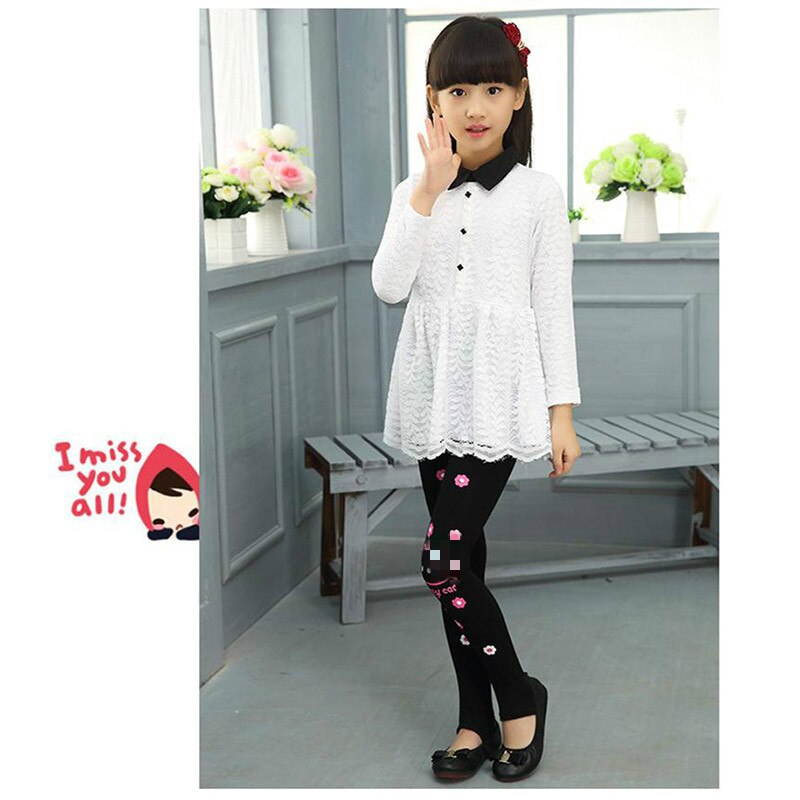 Primavera otoño chicas Leggings Skinny niños gato niños pantalón negro mallas de algodón pantalones gato patrón para flores niñas lazo elástico