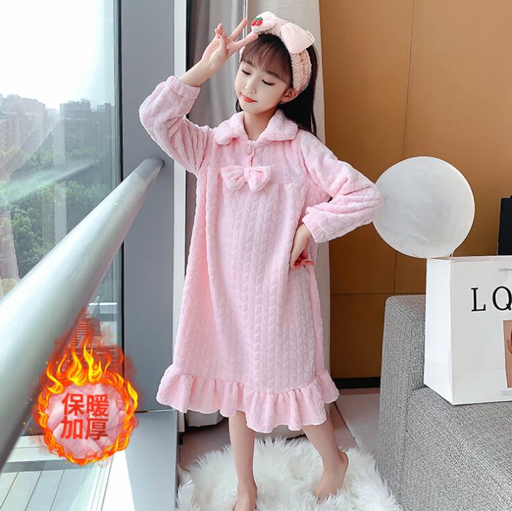 Meisjes Pyjama Jurk Herfst Winter Baby Meisjes Roze Blauw Flanel Boog Pyjama Jurken Meisje Thuis Nachtkleding Jurk Kinderen Kleding