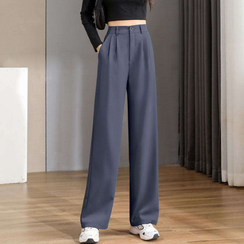Pantalones holgados informales ajustados con piernas anchas y cintura alta para mujer, traje femenino de tendencia de coreana, Pantalones rectos, primavera y verano 2025: XL / Azul