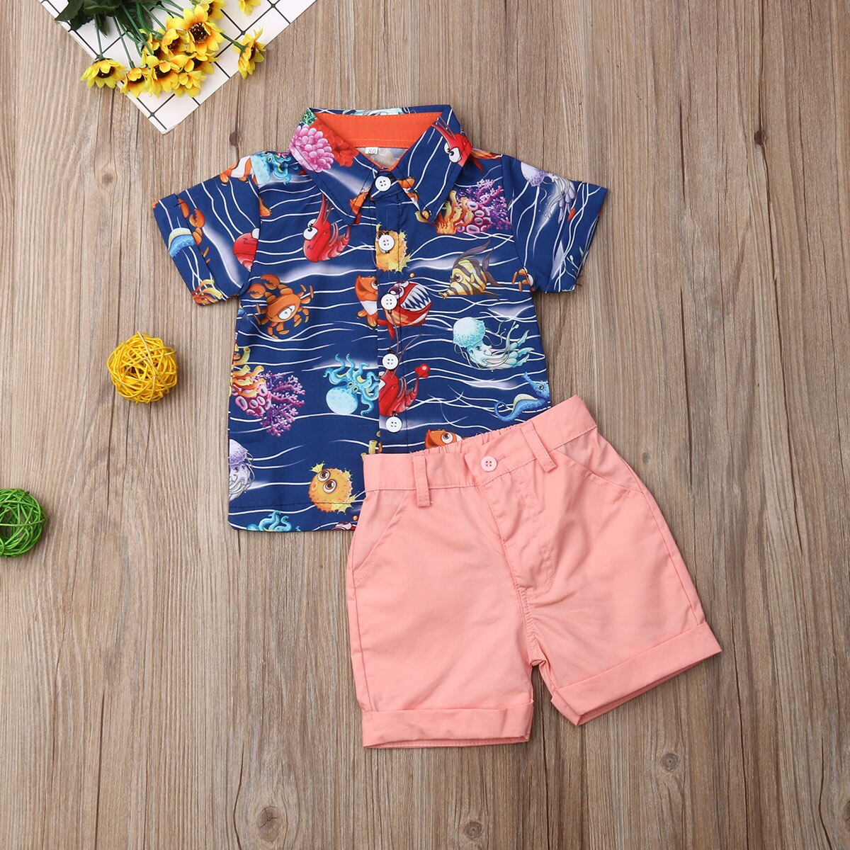 2019 Bebê Verão Vestuário Infantil Crianças Menino Roupas Casuais Define Mar Animal T Camisa Top + Calções Sólidos Bottoms 2pcs Set Outfits 1-5Y